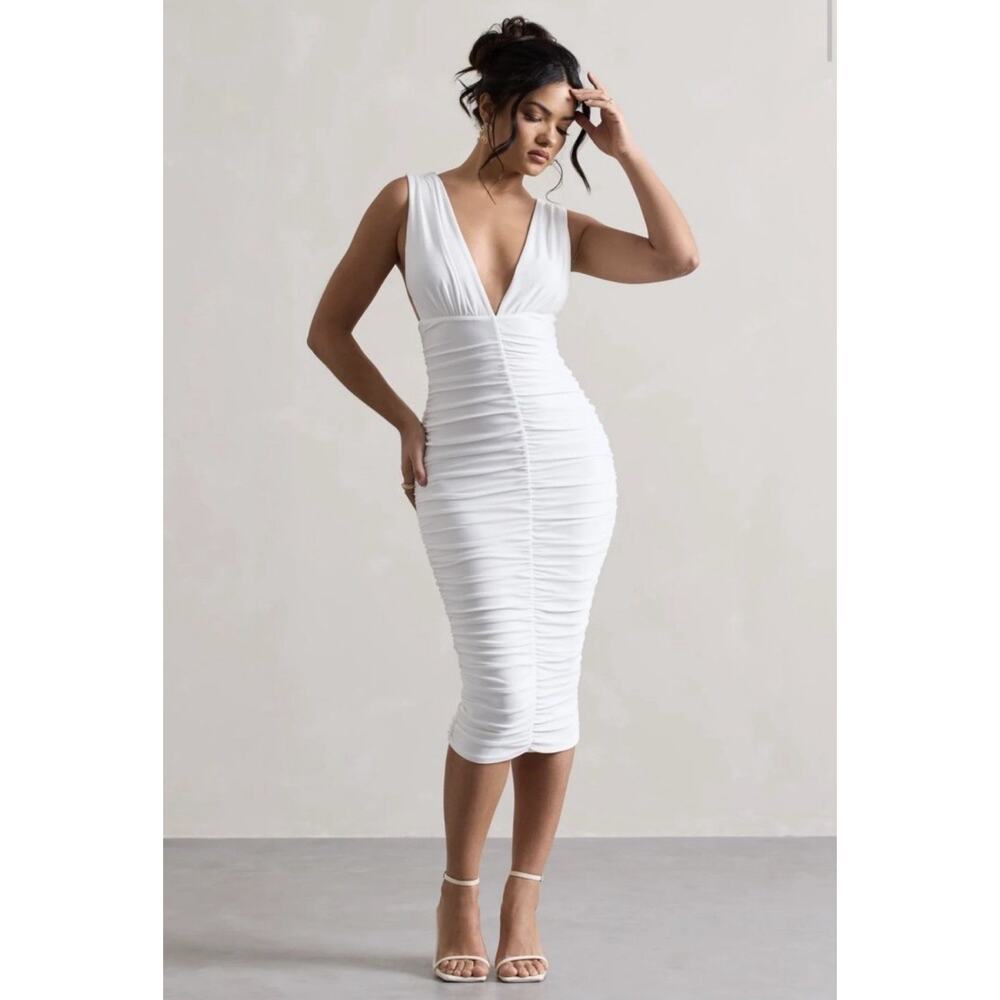 NWT Club L London Size 10 White Ruched B Neck Midi Dress